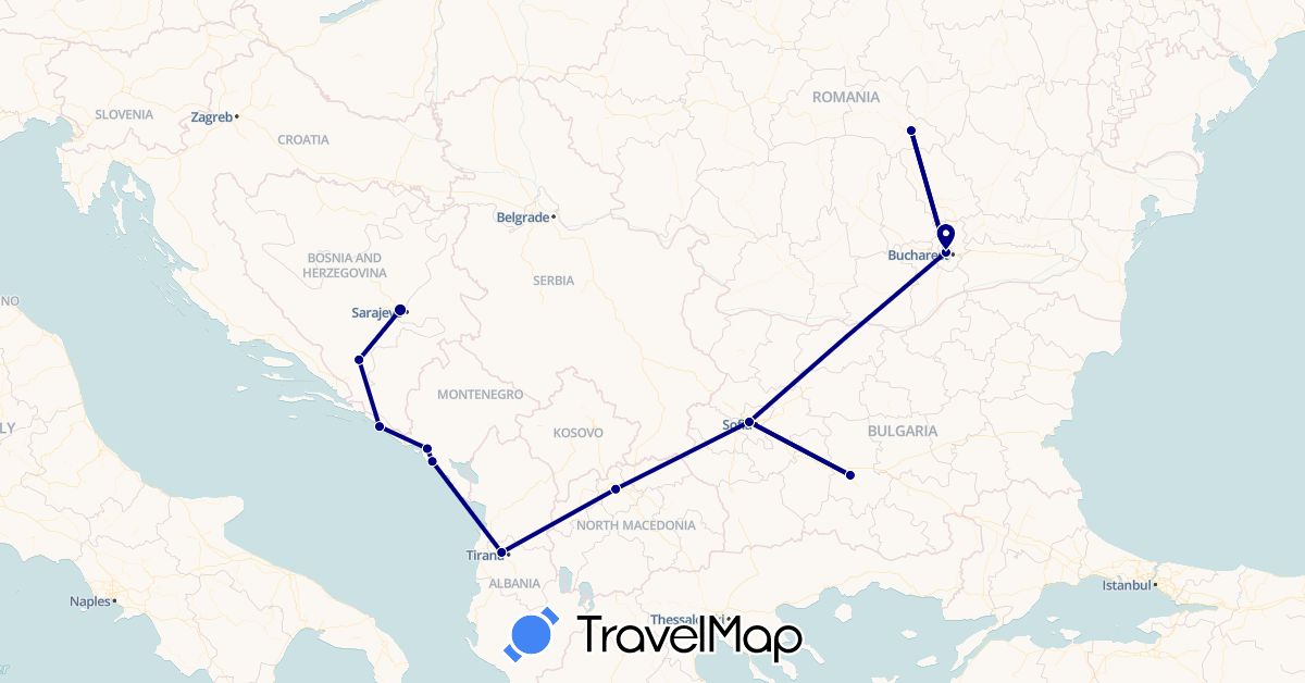 TravelMap itinerary: driving in Albania, Bosnia and Herzegovina, Bulgaria, Croatia, Montenegro, Macedonia, Romania (Europe)
